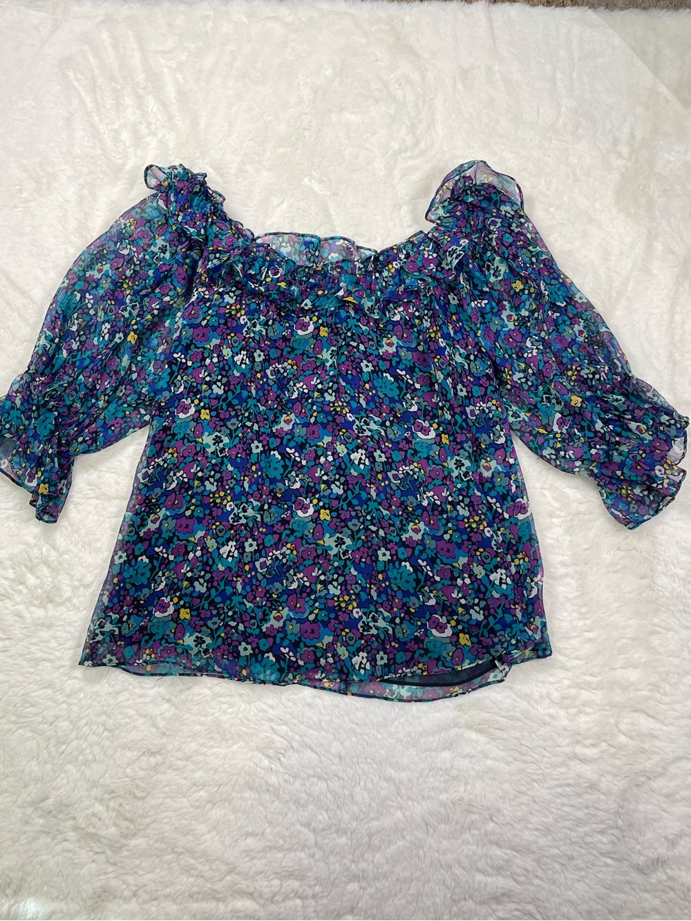 Nanette Lepore Silk Teal and Purple Floral Off-Shoulder Blouse